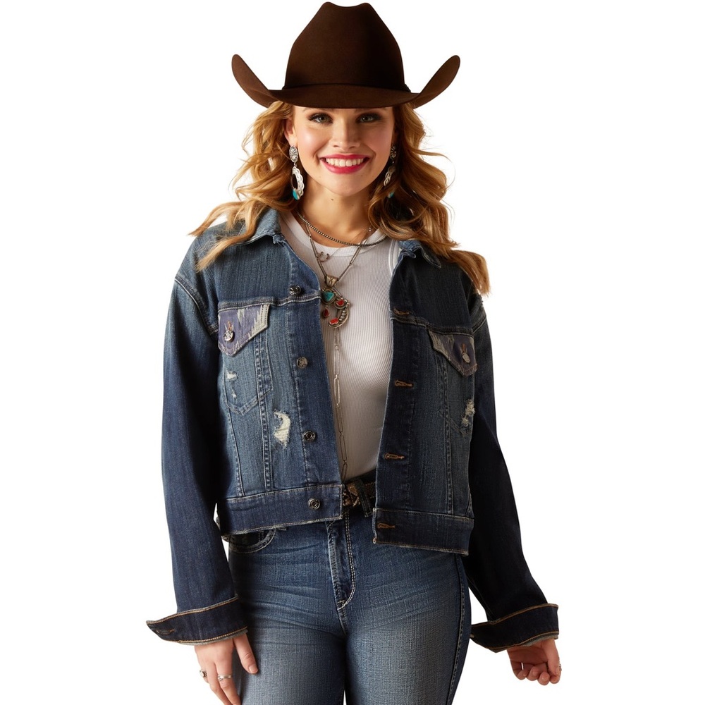 Ariat Women's Chimayo Aztec & Burbank Distressed Cropped Denim Jacket New Sz. Lg